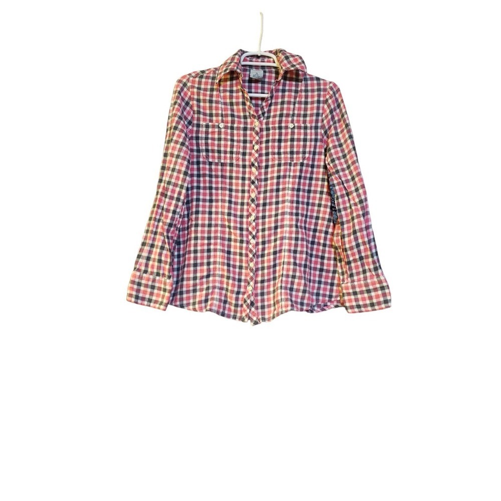 Carhartt Women Cotton Flannel Back Button Shirt Pink Gray Plaid Roll Tab Sleeve
